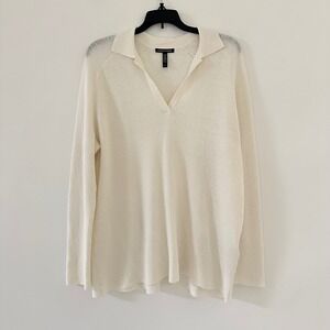 Eileen Fisher Linen Blend Ribbed Polo Sweater Small Cream White Coastal V-Neck